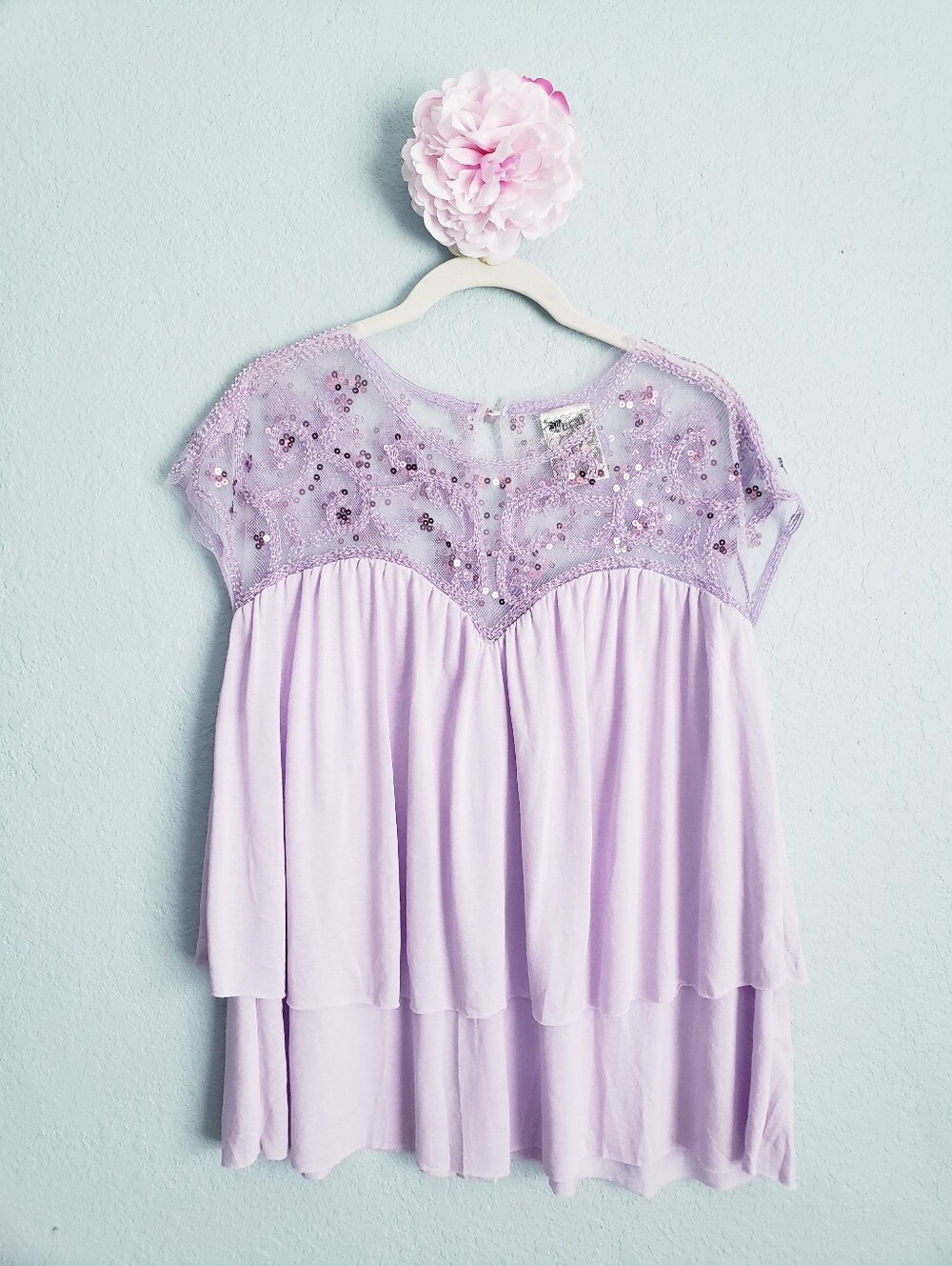 Vocal Lavender Lace Sequin Embellished Tiered Cap Sleeve Blouse